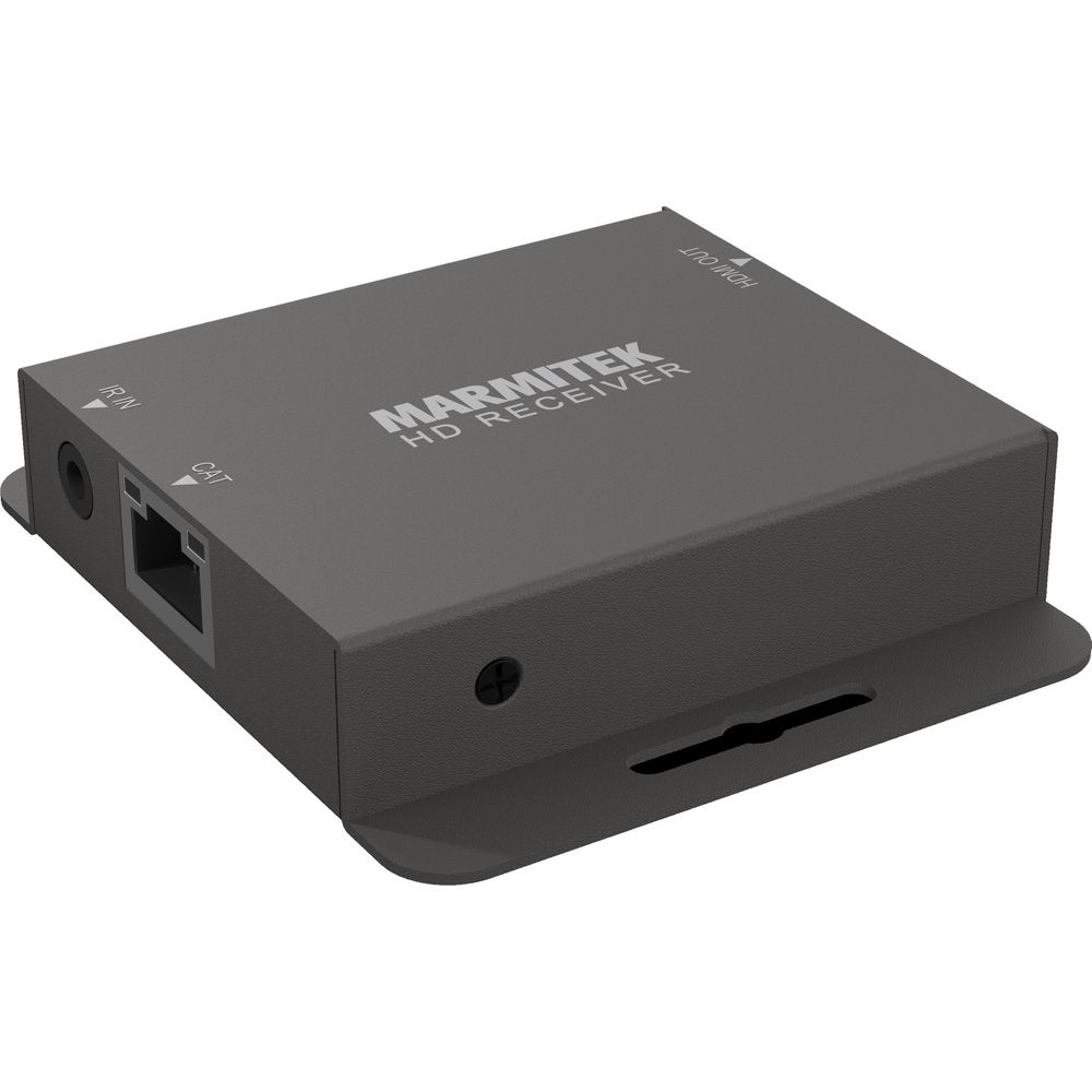 Eine dunkelgraue Marmitek HD-Receiver-Box mit Anschlüssen, Ethernet-Buchse und Montageflanschen auf weißem Hintergrund.