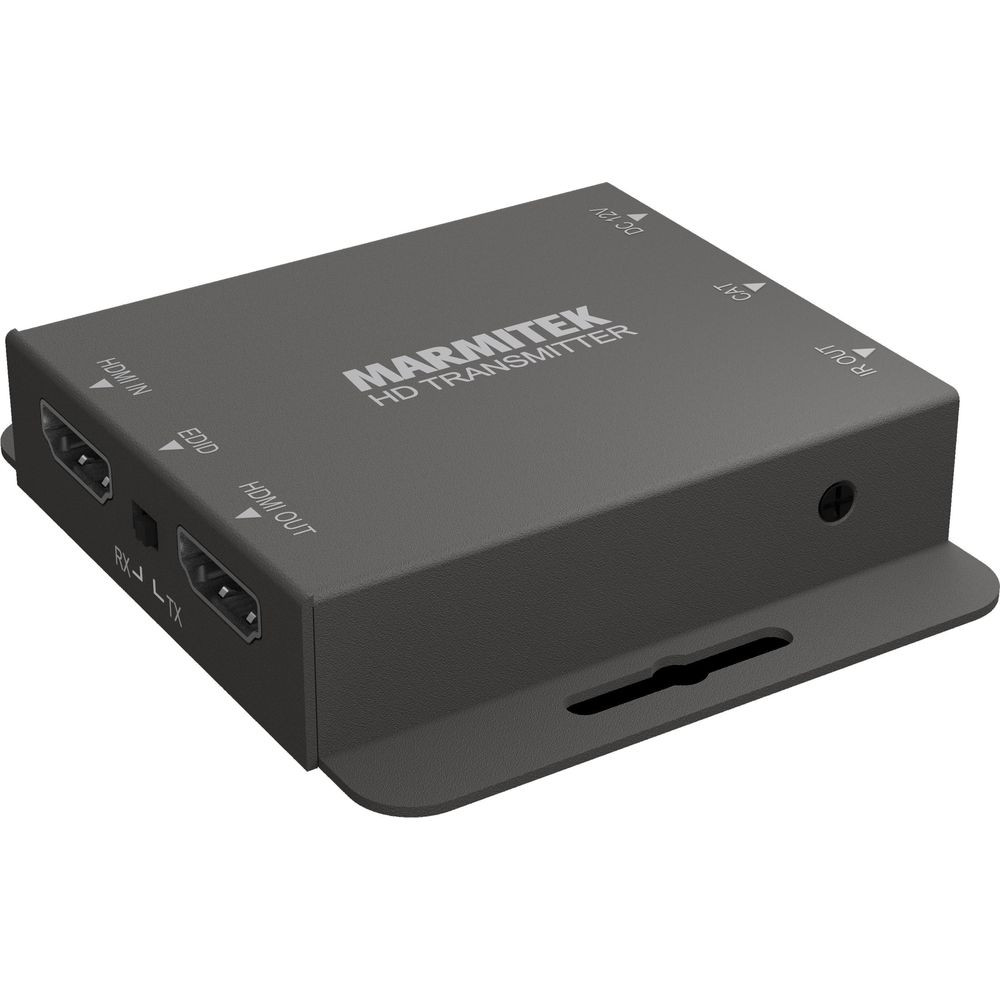Eine schwarze Marmitek HD Transmitter Box auf weißem Grund mit verschiedenen Anschlüssen.