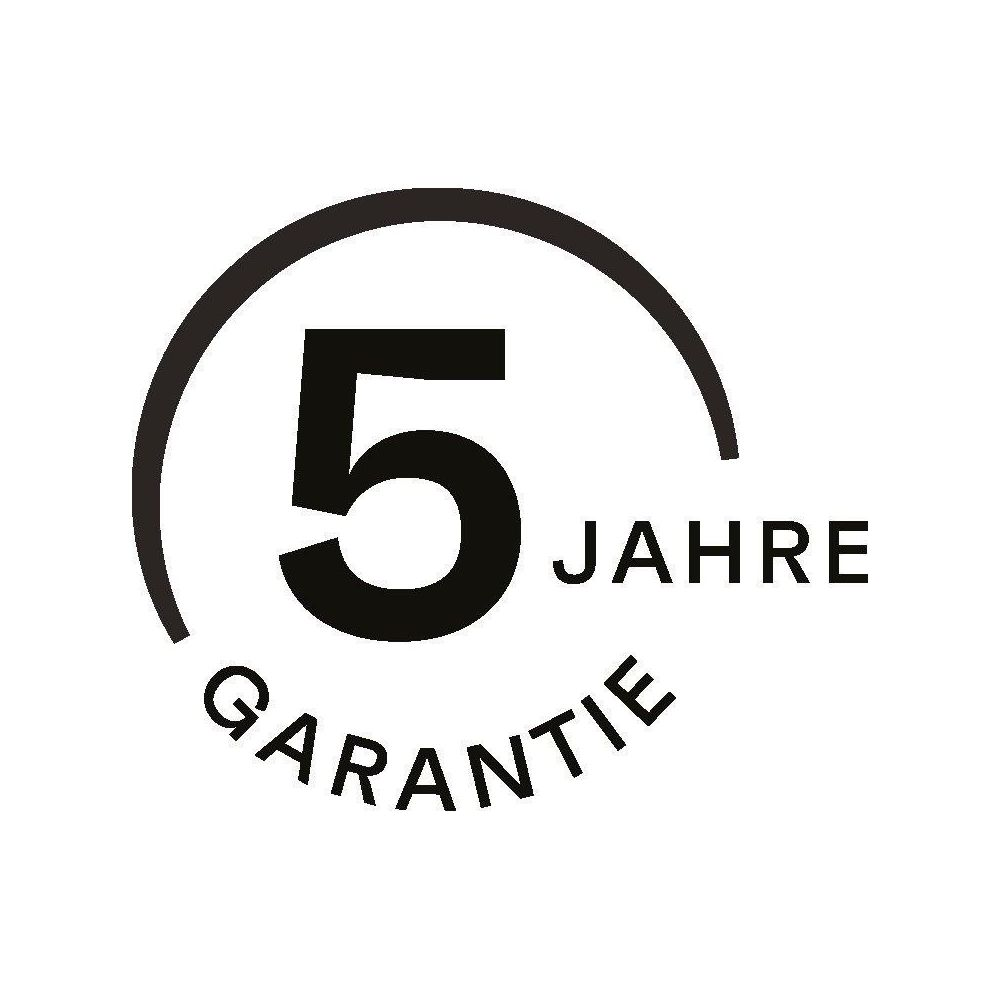 Logo nero con il numero 5, circondato da un arco, e la scritta 5 JAHRE GARANTIE su sfondo bianco.