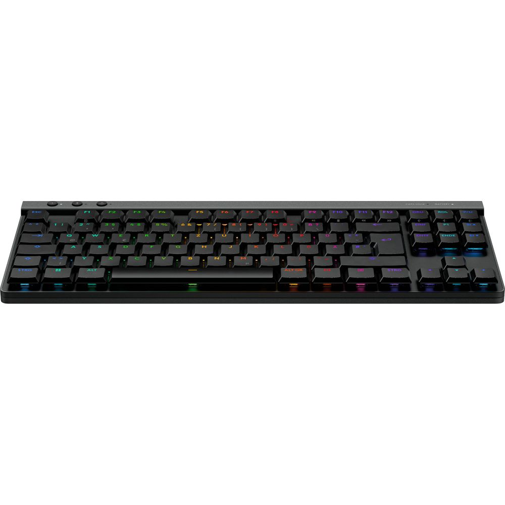 Una tastiera meccanica nera e compatta con retroilluminazione RGB multicolore su sfondo bianco.