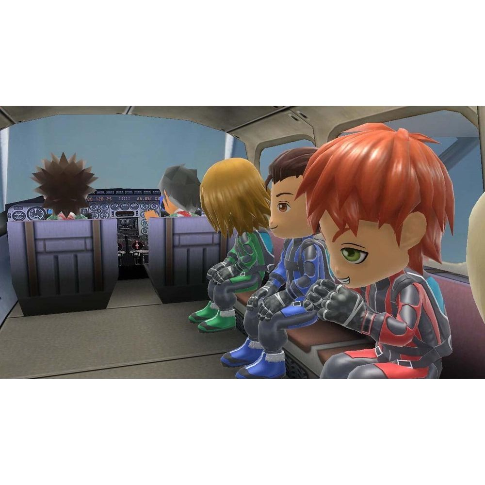 Personaggi anime in tuta spaziale siedono all'interno di un aereo guardando avanti.