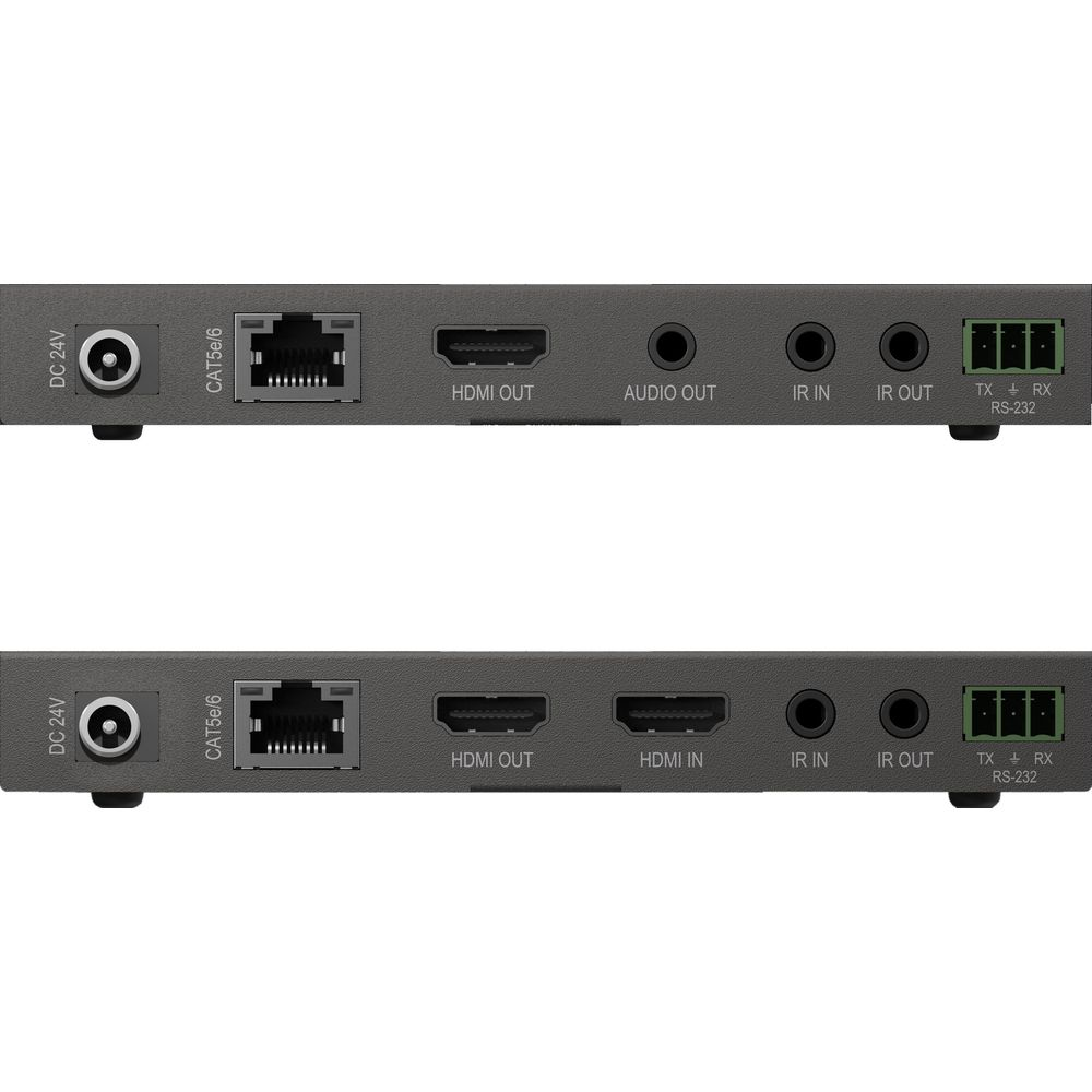 Panneaux arrière de deux appareils AV gris avec ports DC 24V, LAN, HDMI, audio, IR et RS-232.