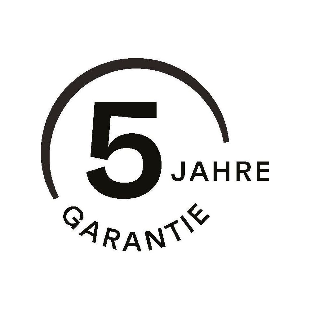 Schwarzes Logo mit der Zahl 5, umgeben von einem Halbkreis, und dem Text 5 JAHRE GARANTIE auf weißem Grund.