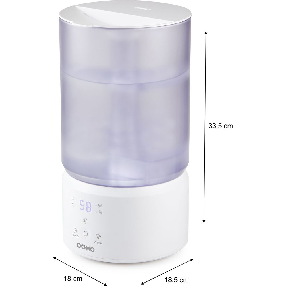 Humidificateur DOMO blanc avec réservoir transparent et écran numérique, dimensions 33,5x18,5x18 cm.