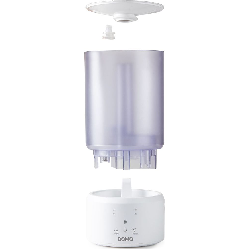 Vue éclatée d'un humidificateur blanc avec réservoir d'eau violet translucide et base de contrôle.