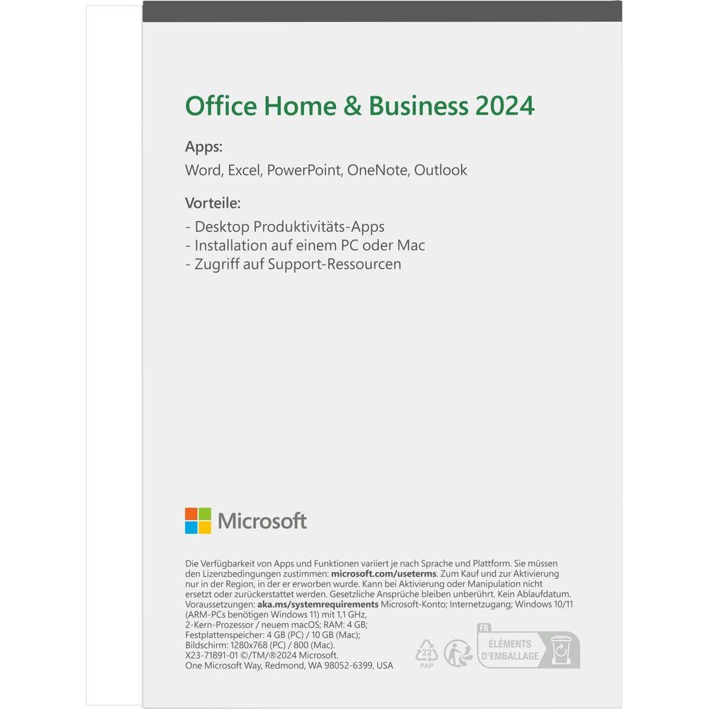 Product card for Microsoft Office Home & Business 2024 on white background, showing apps, benefits, and legal text.