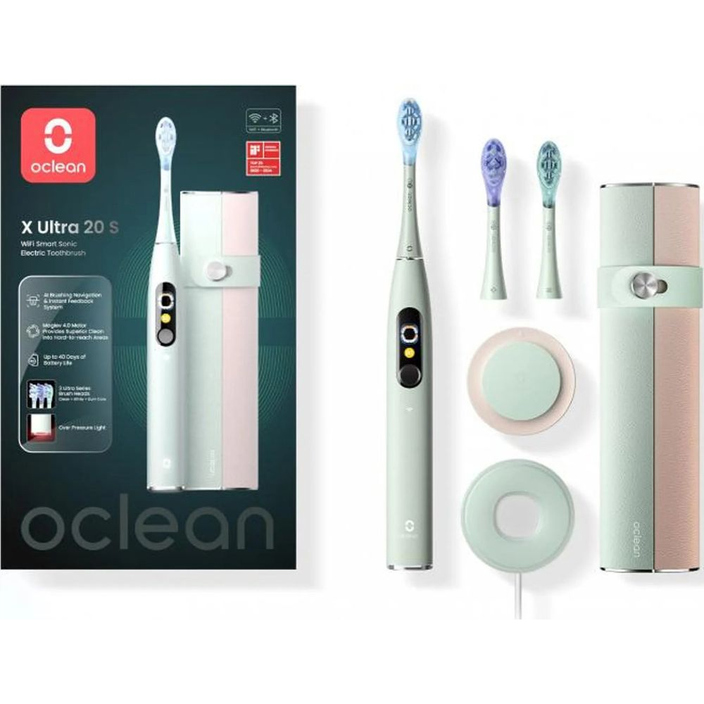 Oclean X Ultra 20 S elektrische Zahnbürste mit Zubehör und Box vor grünem Hintergrund.