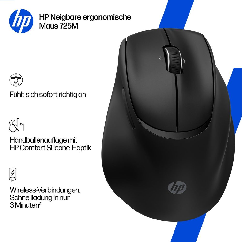 Ratón ergonómico negro HP 725M con texto e iconos sobre fondo azul y blanco.