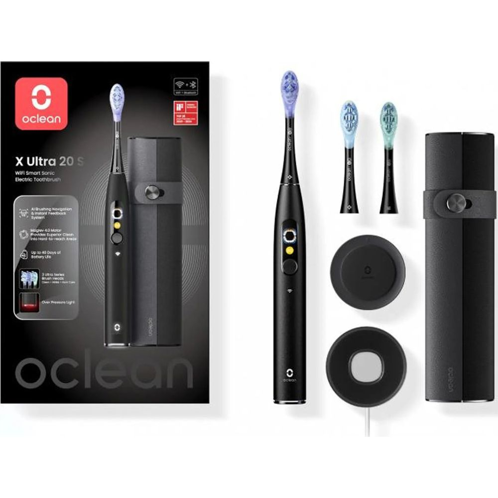 Oclean X Ultra 20 S schwarze elektrische Zahnbürste mit Etui, zwei Ersatzköpfen und zwei Ladestationen auf weiß.