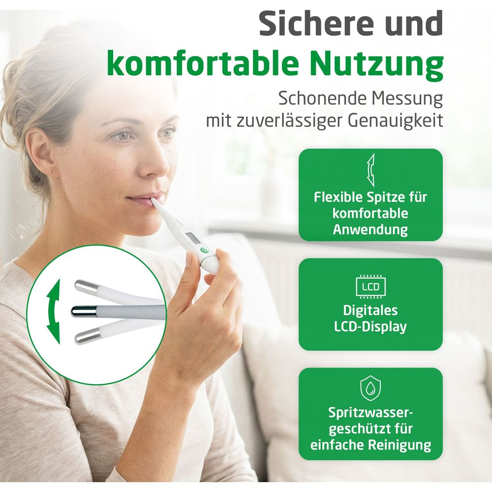 Eine Frau mit einem digitalen Fieberthermometer mit flexibler Spitze und LCD-Display.