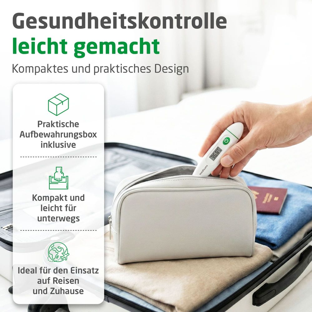 Hand legt digitales Thermometer in kleine graue Tasche im Koffer mit Textfeld.