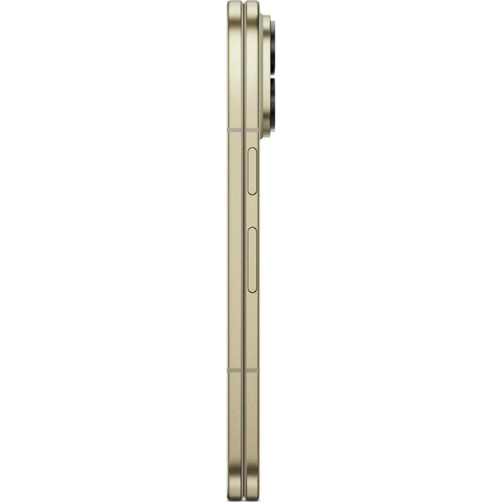 Profilo laterale di uno smartphone oro con modulo fotocamera e tasti fisici.