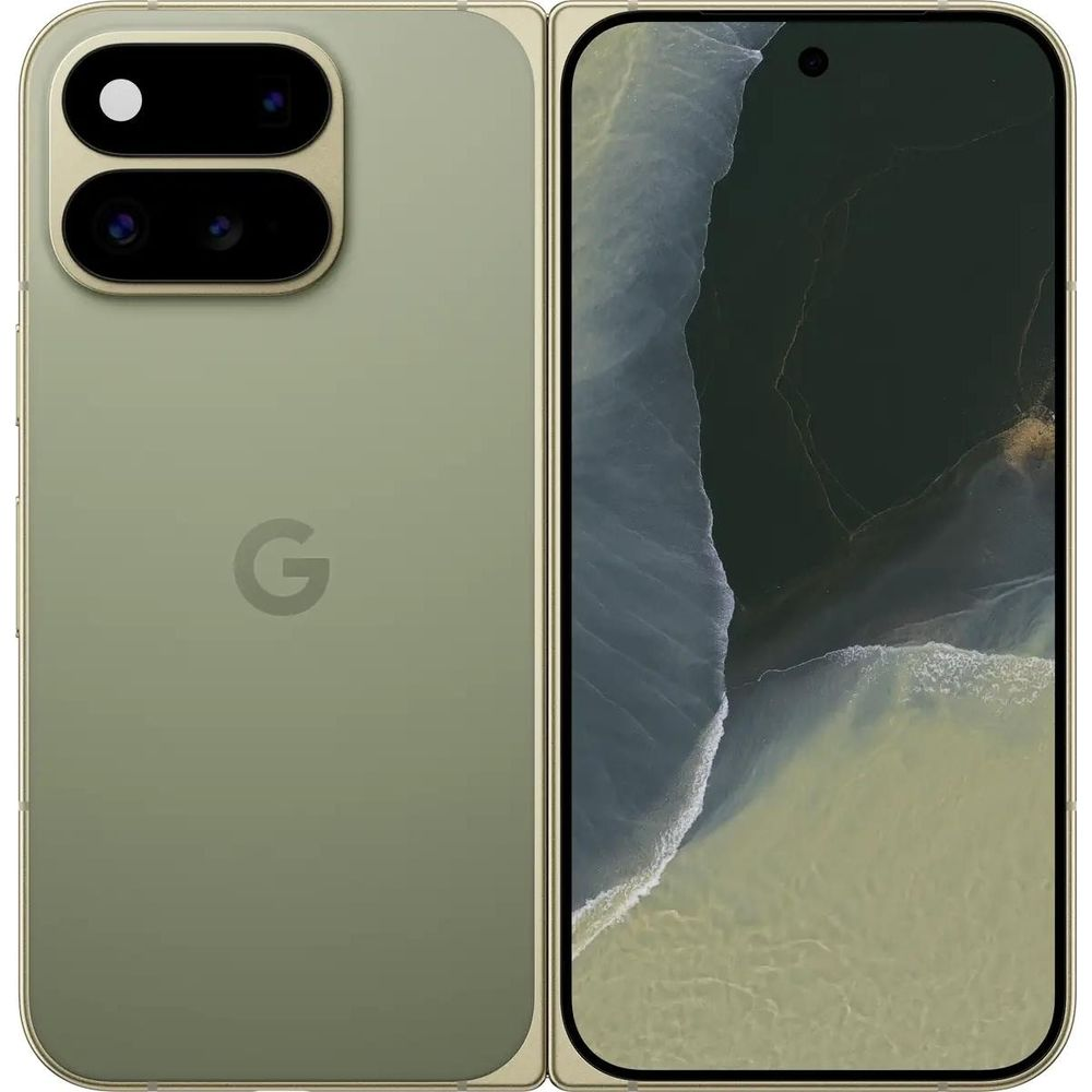 Uno smartphone pieghevole verde opaco mostra il retro con modulo fotocamera e logo Google, e lo schermo frontale.