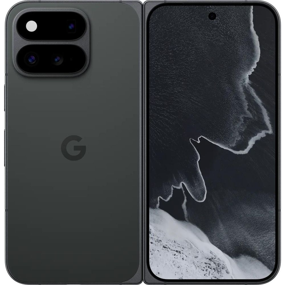 Ein graues faltbares Smartphone zeigt die Rückseite mit Google-Logo und Kamera und die Vorderseite mit einem Display.