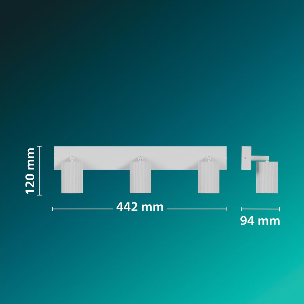 Technische Zeichnung einer weißen Deckenlampe mit drei Strahlern, 442 mm breit und 120 mm hoch.