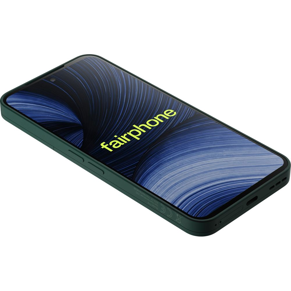 Un Fairphone verde scuro con sfondo a onde blu e la scritta fairphone in giallo.