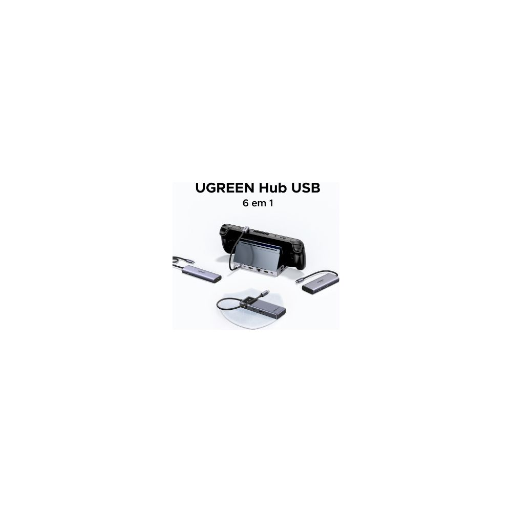 Hub USB Ugreen 6 w 1 jest podłączony do konsoli, otoczony przez trzy inne huby na białym tle.