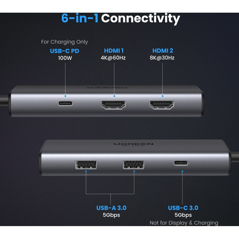 Szary hub USB-C 6 w 1 z portami USB-C PD, dwoma HDMI, dwoma USB-A 3.0 i USB-C 3.0.