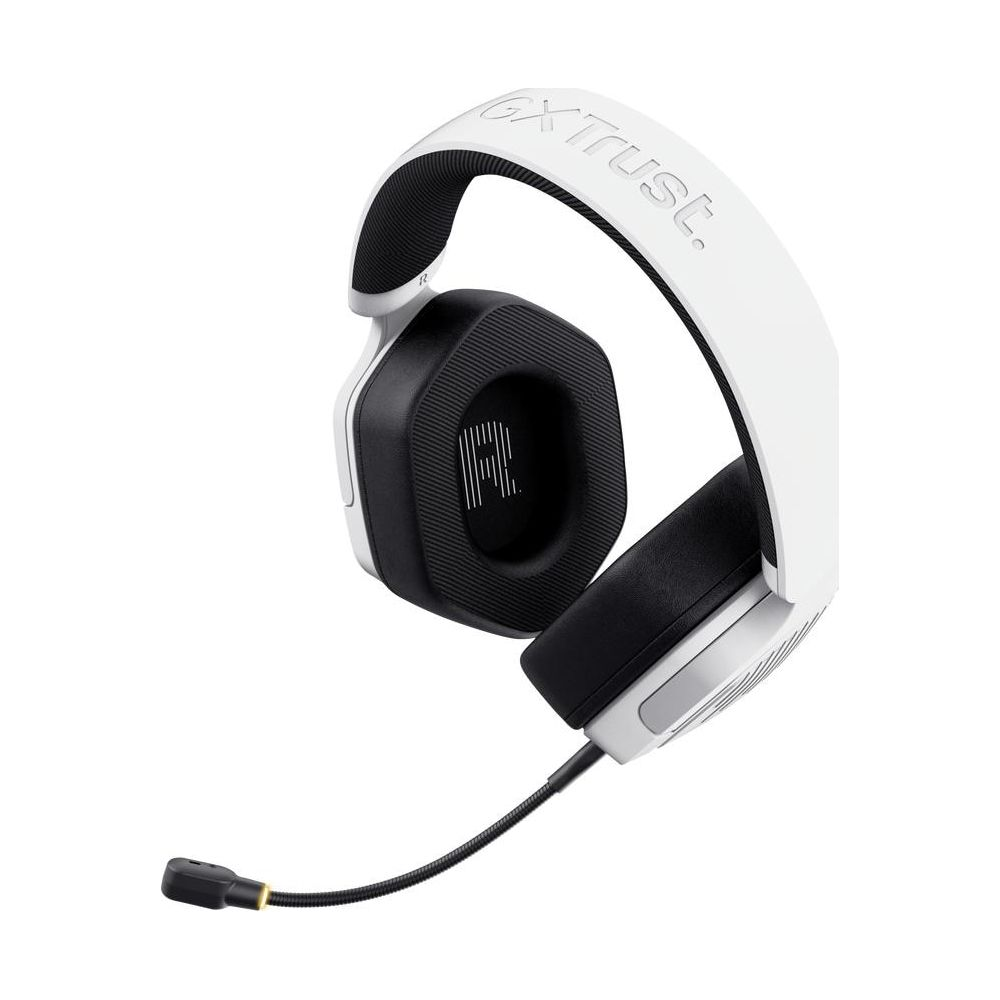 White and black GXT Trust gaming headset with a microphone on a white background.