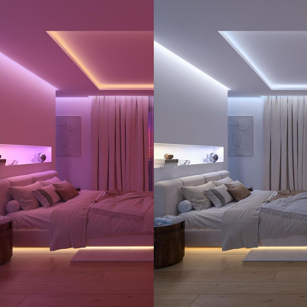 Vista divisa di una camera da letto moderna con illuminazione a LED rosa a sinistra e bianca a destra.