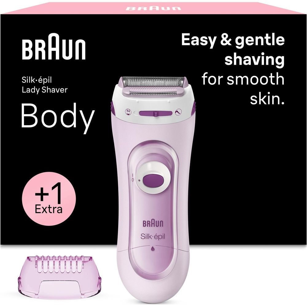 Rasoio Braun Silk-épil Lady Shaver color viola chiaro su scatola nera e rosa.