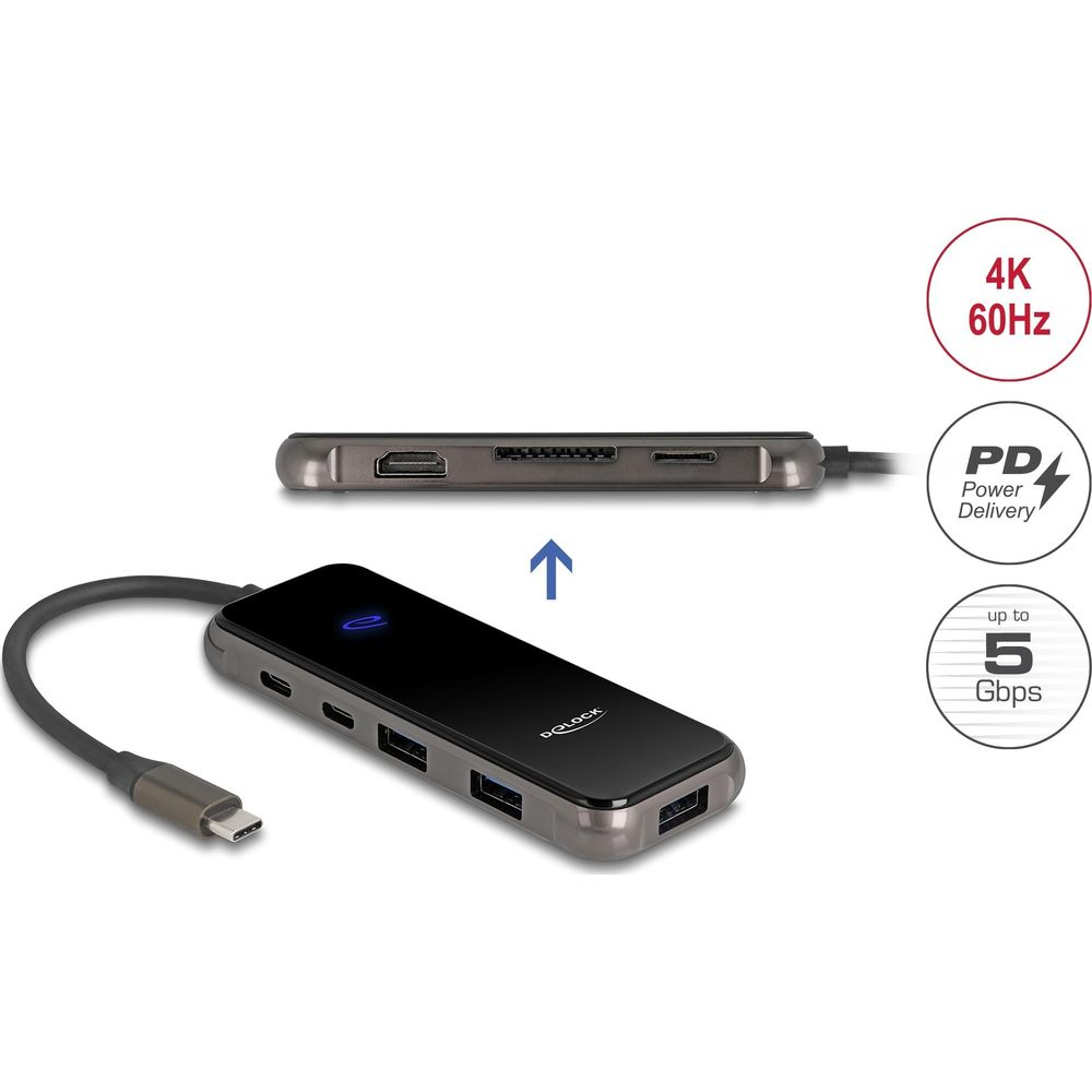 Hub USB-C grigio con porte multiple, logo blu e tre cerchi informativi a destra.