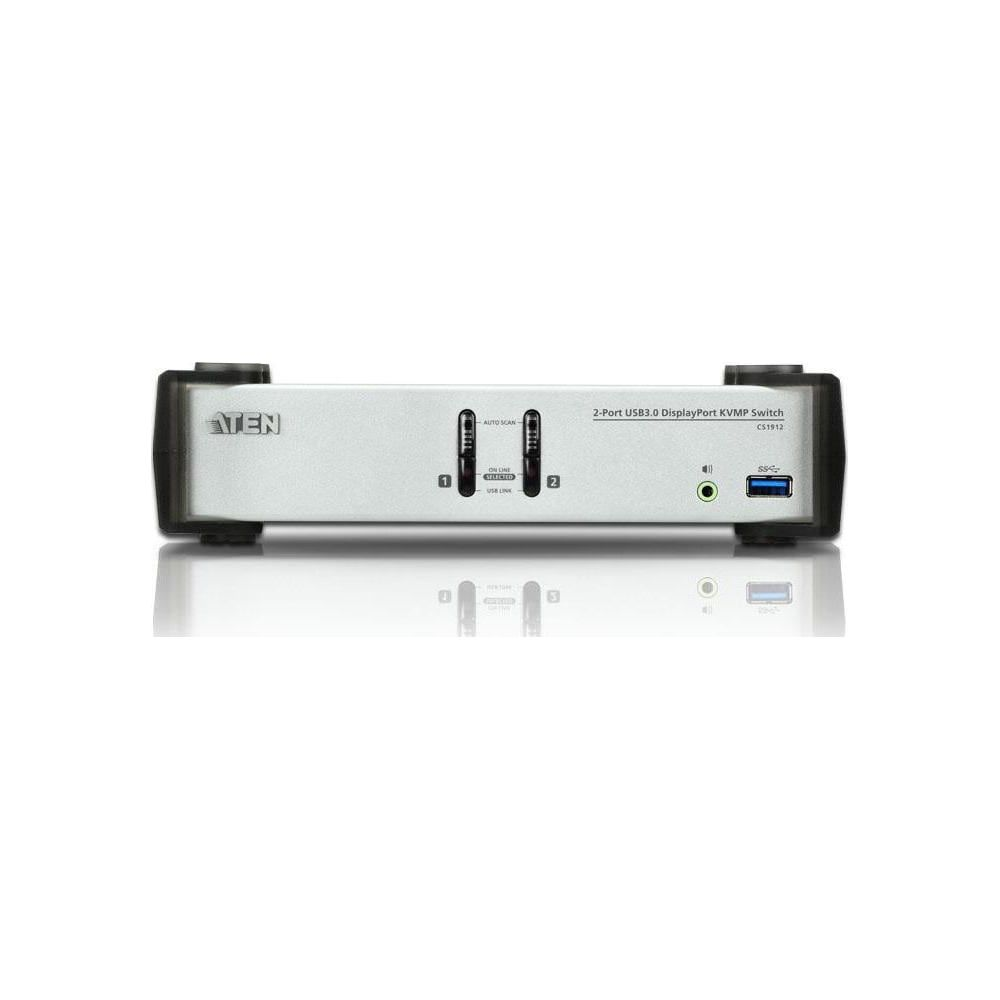 Switch KVMP DisplayPort USB3.0 a 2 porte ATEN argento con porte e pulsanti frontali.