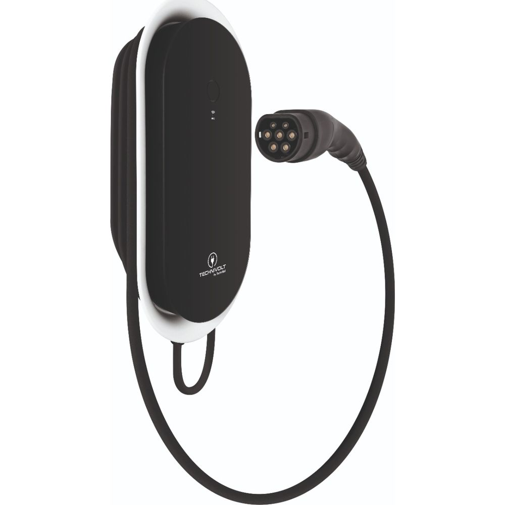 Schwarze und weiße Elektroauto-Wallbox mit Ladekabel und Stecker auf weißem Hintergrund.