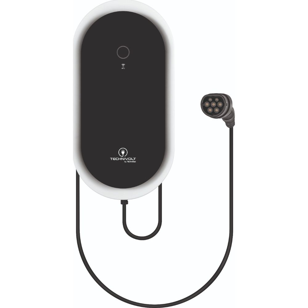 Wandmontierte, schwarze und weiße EV-Ladestation mit angeschlossenem Kabel und Stecker.
