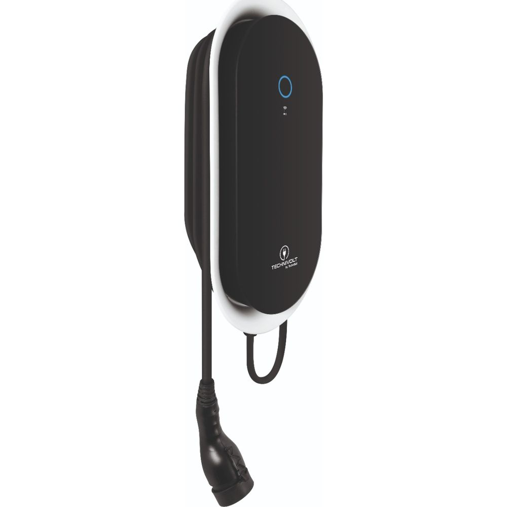 Eine schwarze und weiße Wand-Ladestation für Elektroautos mit einem angeschlossenen Ladekabel und Stecker.