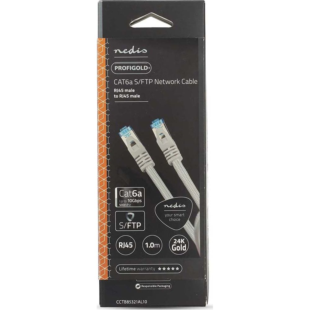 Schwarze Nedis Profigold CAT6a Netzwerkabel Verpackung mit Bildern von Kabeln und technischen Details.