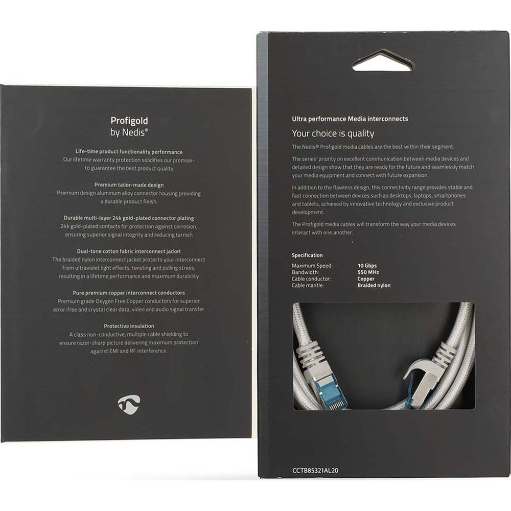 Verpackung und Anleitung für Profigold Nedis Kabel mit technischen Daten und sichtbaren Steckern.