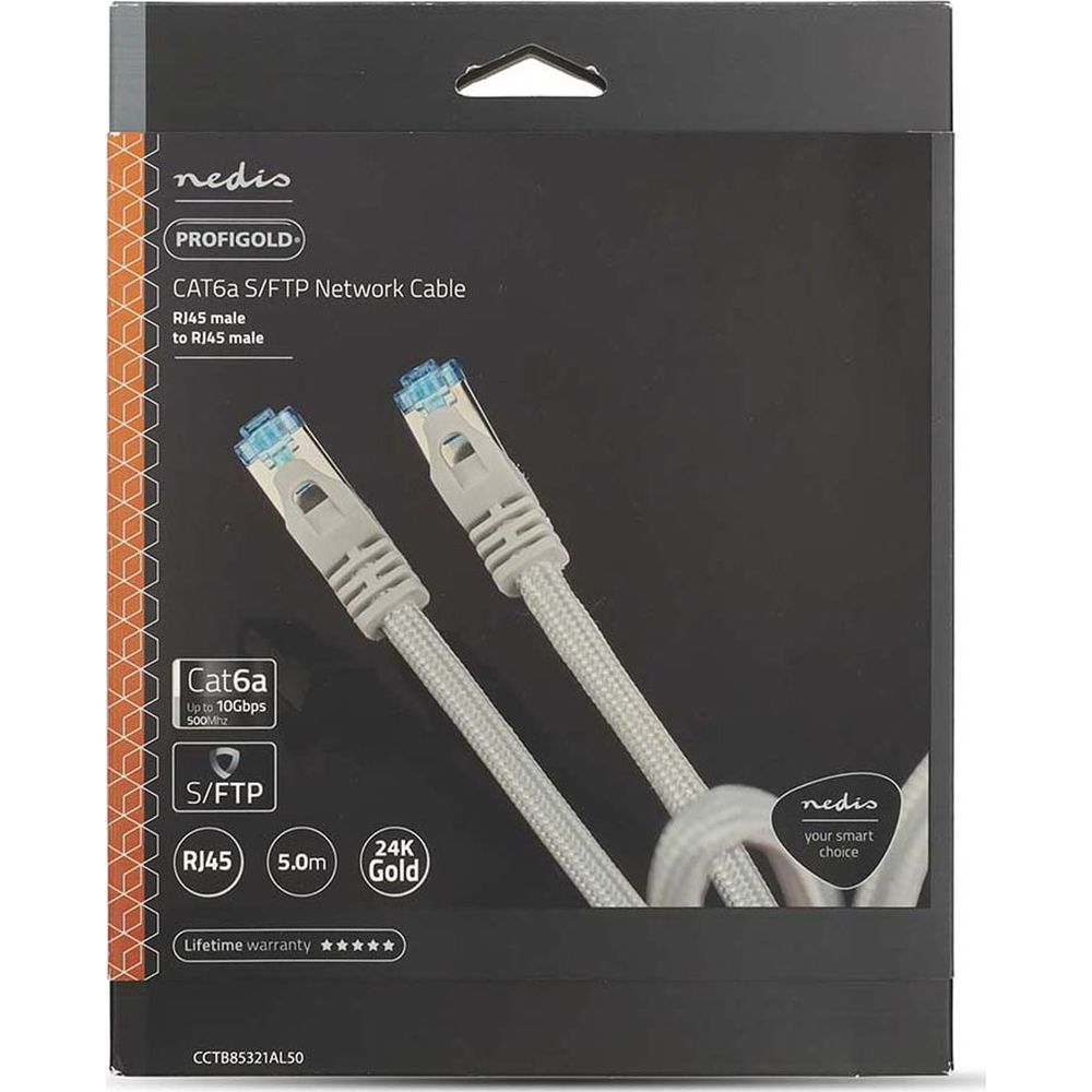Nedis CAT6a S/FTP-Netzwerkkabel in grau-schwarzer Verpackung mit RJ45-Steckern.