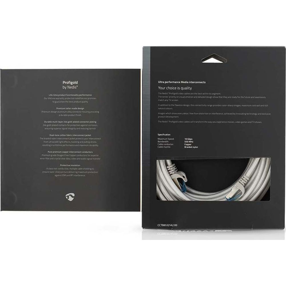 Verpackung von Profigold Kabeln mit technischen Details und Sichtfenster auf die silberne, geflochtene Leitung.