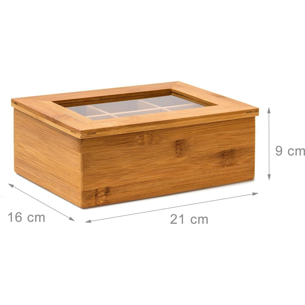 Holz Teebox mit Glasfenster, Maße 21x16x9 cm, auf weißem Hintergrund.