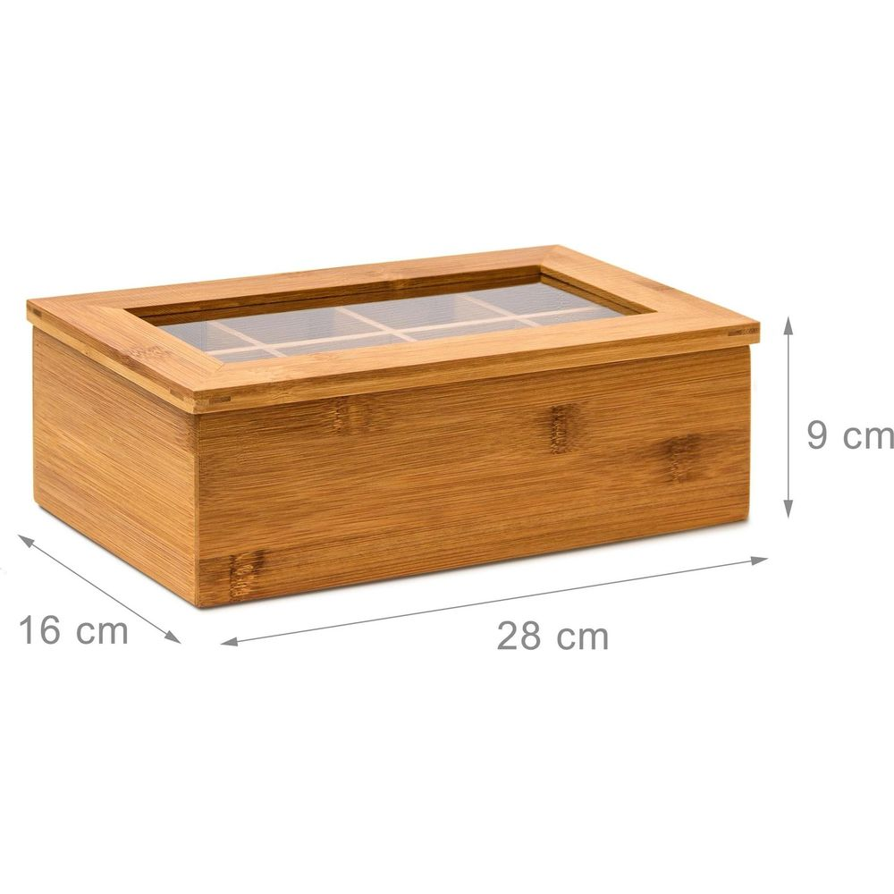 Rechteckige Bambusteebox mit Glasdeckel, Maße 28x16x9 cm, auf weißem Hintergrund.