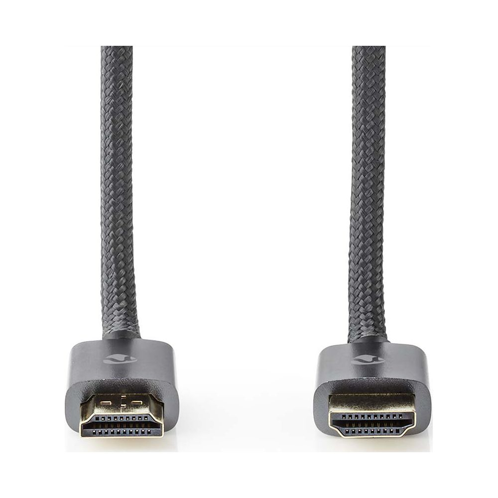 Zwei schwarze HDMI-Kabel mit geflochtenem Mantel und vergoldeten Steckern auf weißem Hintergrund.