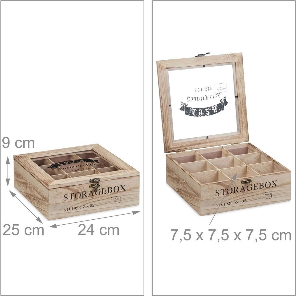 Holzaufbewahrungsbox mit neun Fächern, Glasdeckel und Maßen.