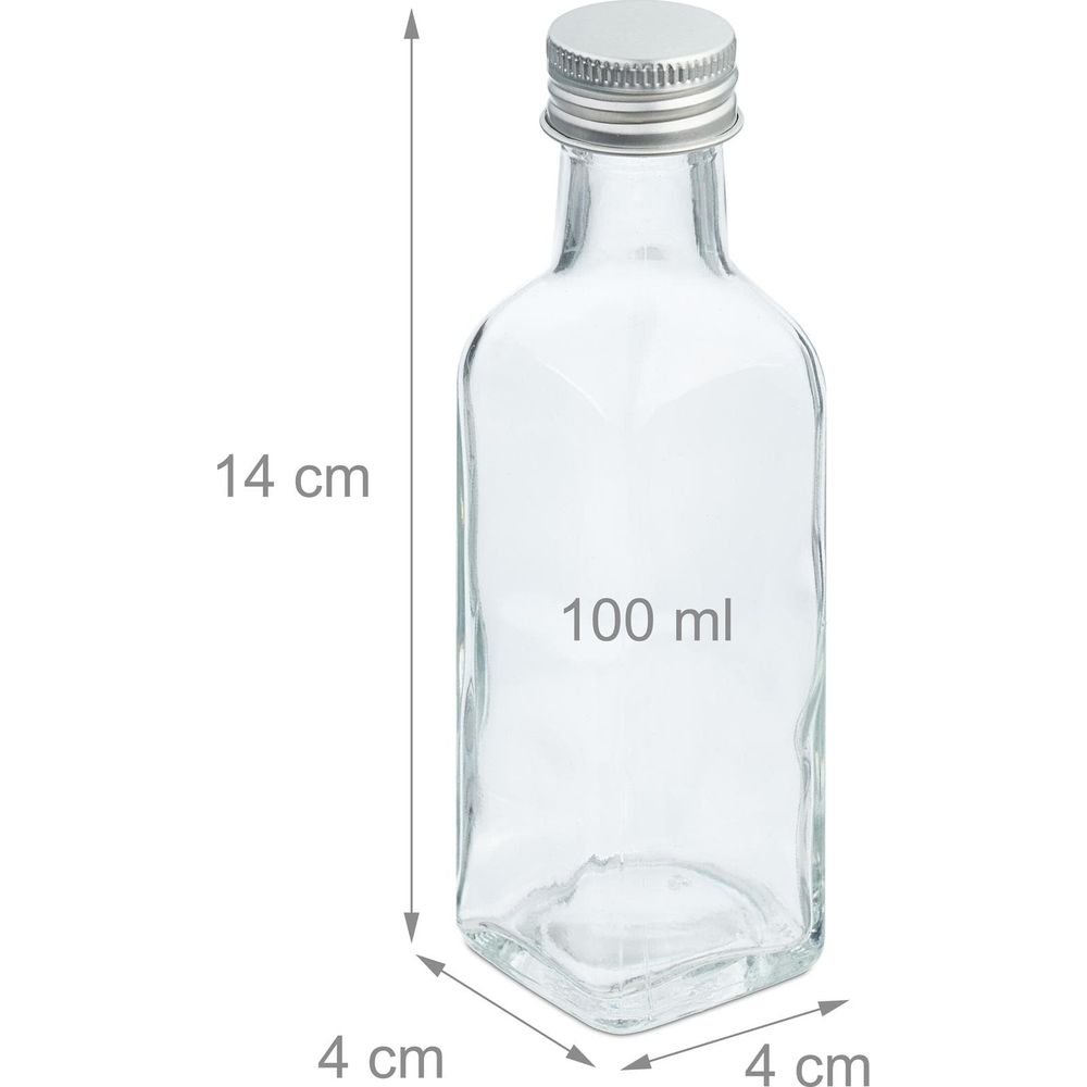 Eine rechteckige Glasflasche mit 100 ml Fassungsvermögen und Schraubverschluss, Maße 14x4x4 cm.