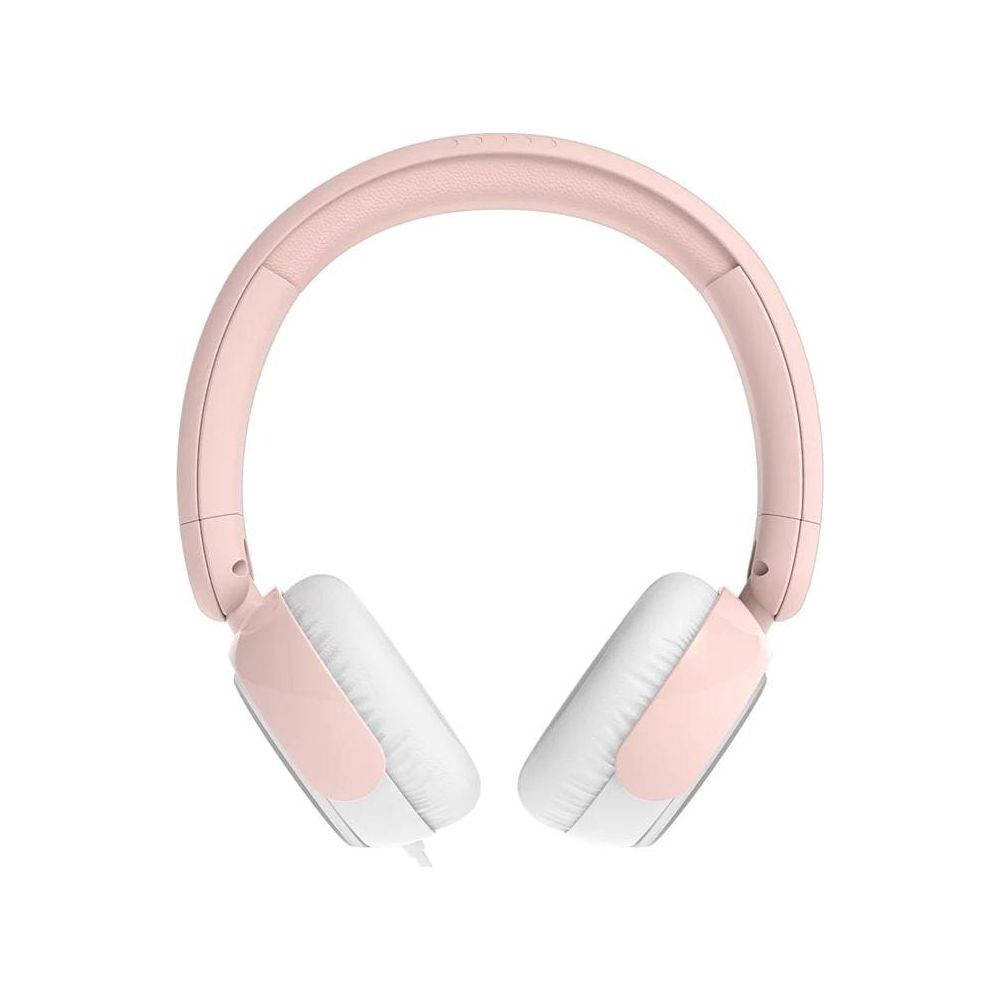 Over-Ear-Kopfhörer in Pastellrosa mit dicken weißen Ohrpolstern vor schlichtem weißem Hintergrund.