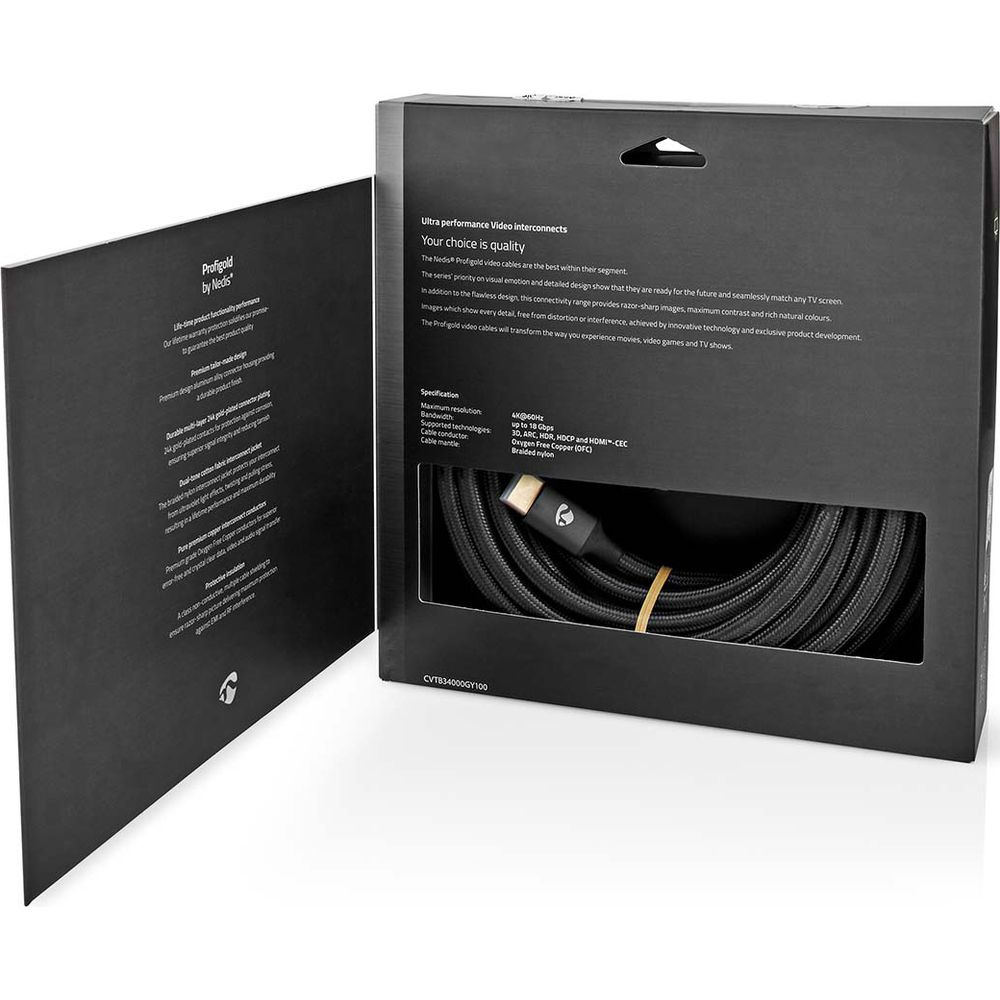 Schwarze Produktverpackung mit geöffnetem Deckel, die ein gerolltes, schwarzes HDMI-Kabel in einem Sichtfenster zeigt.