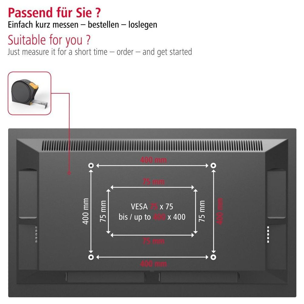 Parte trasera de un monitor con medidas VESA de 75x75 a 400x400 mm.
