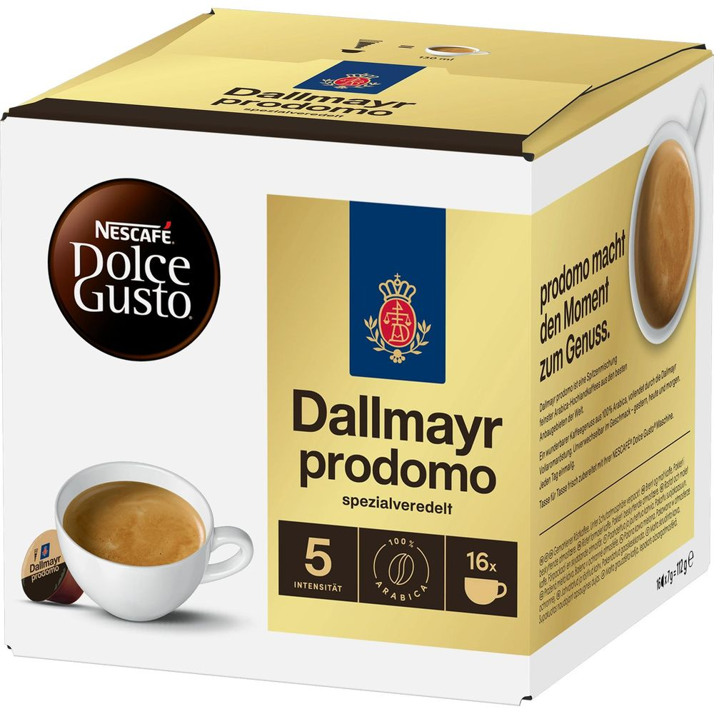 Verpackung von Nescafé Dolce Gusto Dallmayr Prodomo Kaffeekapseln mit einer Tasse Kaffee.