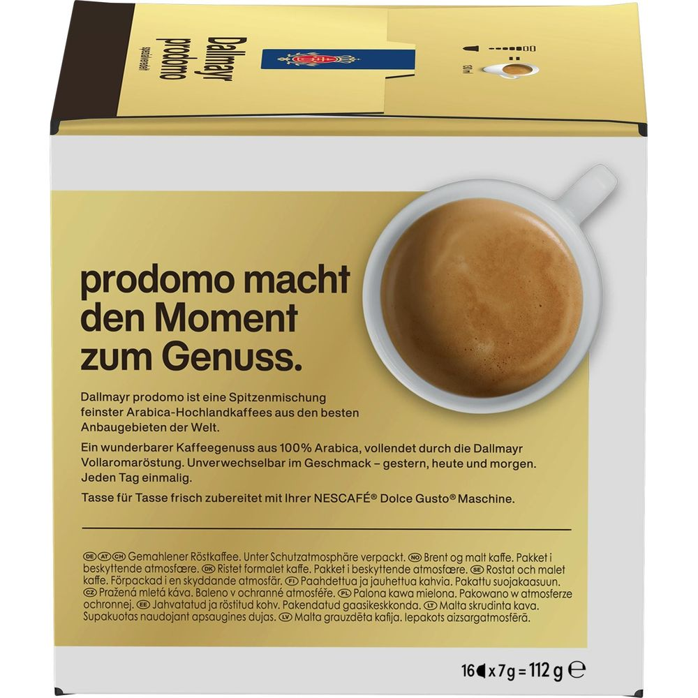Dallmayr Prodomo Kaffeekapselverpackung in Gold und Weiß mit einer Tasse Kaffee.