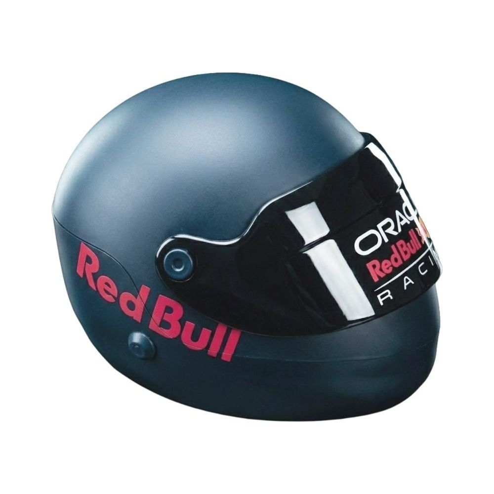 Dunkelblauer Red Bull Rennhelm mit schwarzem Visier und rotem Schriftzug auf einer Seite.