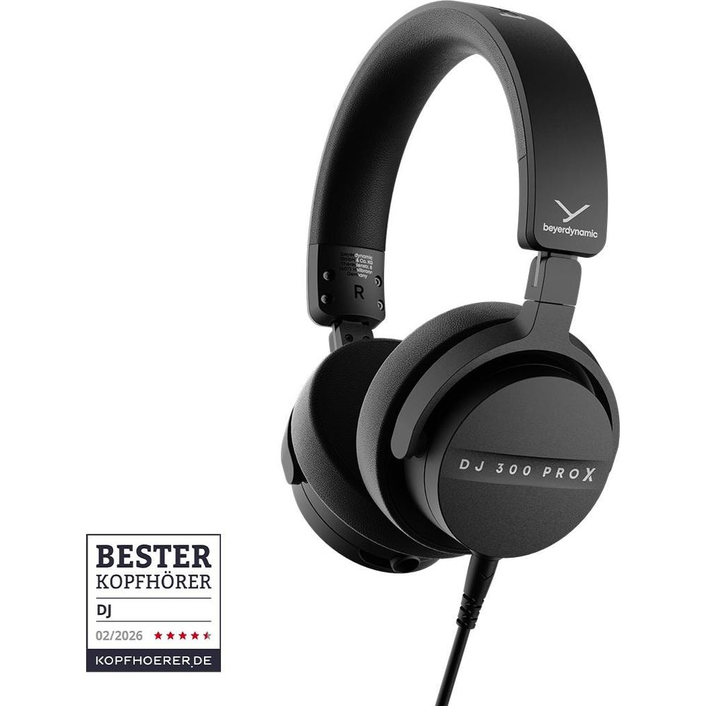 Auriculares negros Beyerdynamic DJ 300 PROX sobre fondo blanco con insignia de premio.