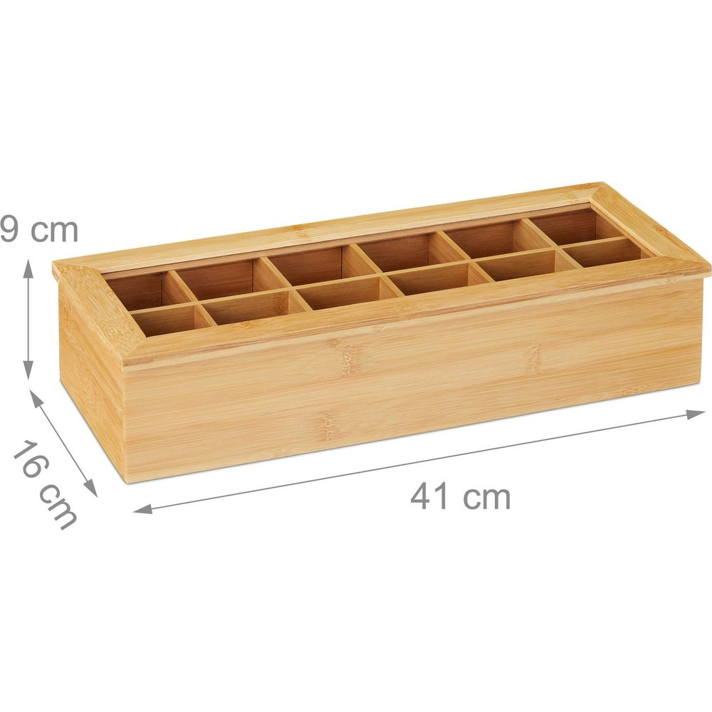Längliche Bambus-Teebox mit zehn Fächern und Maßen von 41x16x9 cm.