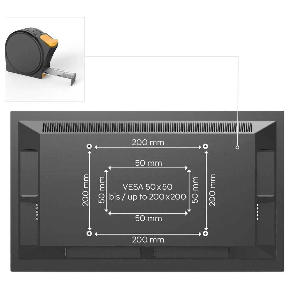 Tył monitora z wymiarami VESA od 50x50 do 200x200 mm i taśmą mierniczą w lewym górnym rogu.