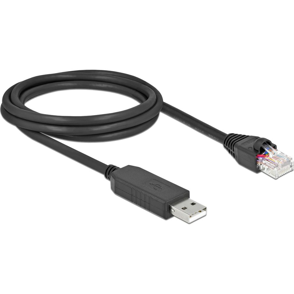 Un cable adaptador de USB a Ethernet negro enrollado sobre fondo blanco.