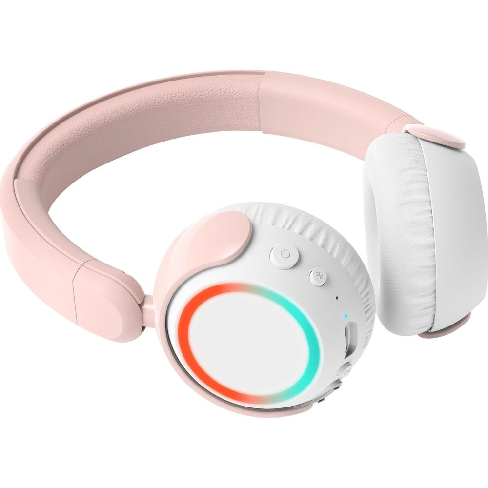 Rosa und weiße Over-Ear-Kopfhörer mit runder, leuchtender Farbkreis-Anzeige an der Muschel.